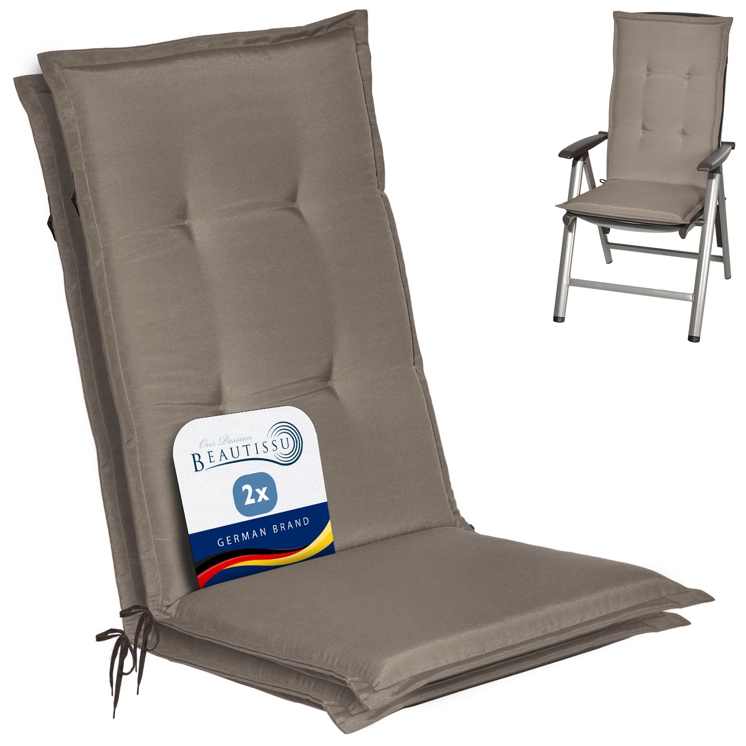 Beautissu Set de 2 Coussin Haut Dossier pour Chaise Jardin 120x50 cm Loft HL – 6 cm Rembourrage Extra Doux & Résistant à la Lumière UV – Confortable Coussin Assise Fauteuil Jardin Exterieur Taupe
