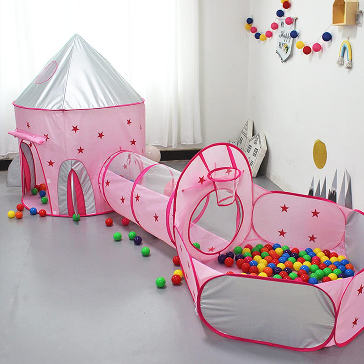 Spielzelt mit Tunnel, kinderzelt für drinnen,3-in-1-Kinderzelt mit Tunnel und Bällebad, Spielzelt mädchen, Spielhaus Indoor, Rosa