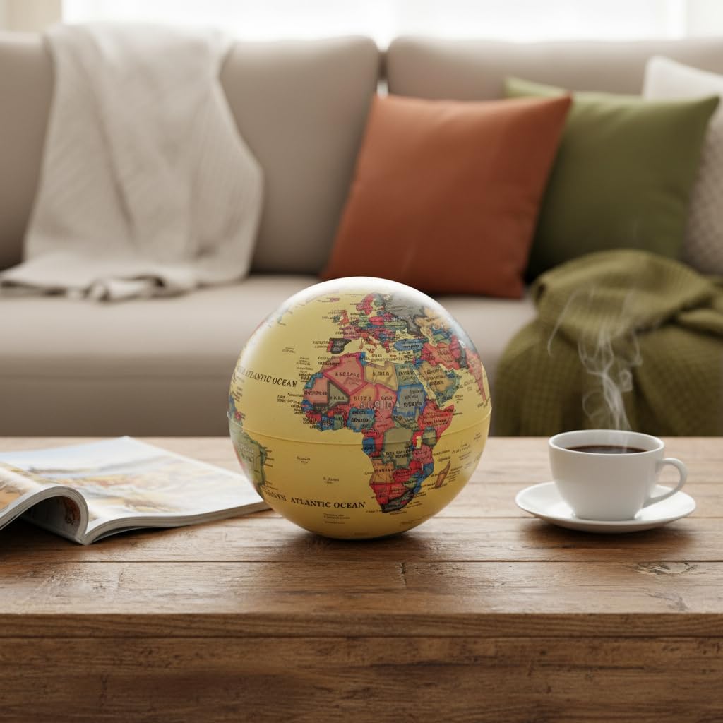 Globo terráqueo giratorio con luz, color beige, funciona con 1 pila AA y botón