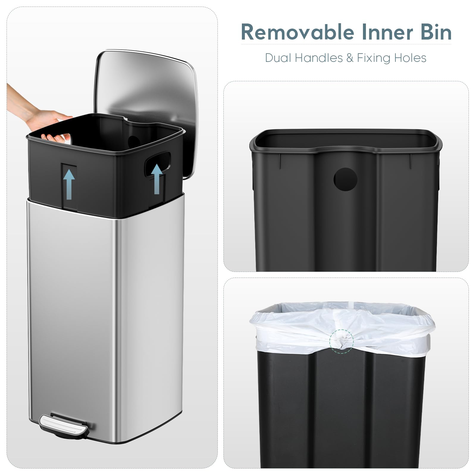 LIFERUN Mülleimer 30L aus Stahl, rechteckiger Abfalleimer mit Soft-Close-Deckel, Pedal und Inneneimer, Offenhaltefunktion, Treteimer für Küche, Wohnbereich und Büro, Silber