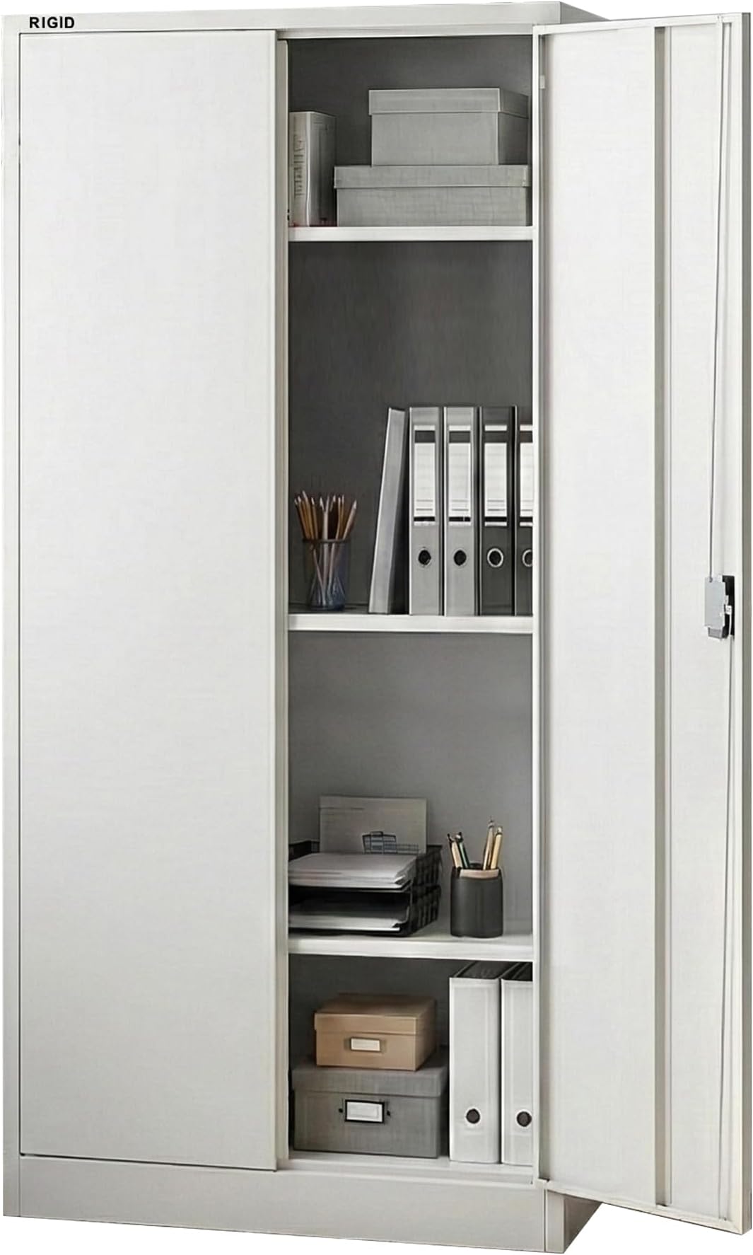 RIGID Steel Office Filing Cupboard with Key Lock, Pre-Assembled Metal Almirah Cabinet with 3 Adjustable Shelves, Storage Closet for Office, School, Home Use – White (39D x 85W x 180H cm)