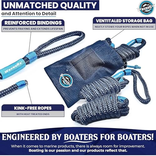Image of WavesRx Premium Fender Line 3 /8'' x 6' (4 Pack) | Double Braided Nylon Boat Dock Lines and Ropes for Docking Buoys & Fenders | Marine Dock Ropes for Boats, Pontoons | Boat Ropes for Docking with Loop