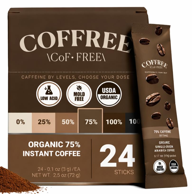 COFFREE Organic Instant Coffee Packets - 75% Half Caff Convenient Coffee Sticks, Mold Free, Low Acid Arabica Beans for On-the-Go Energy - Hot or Cold