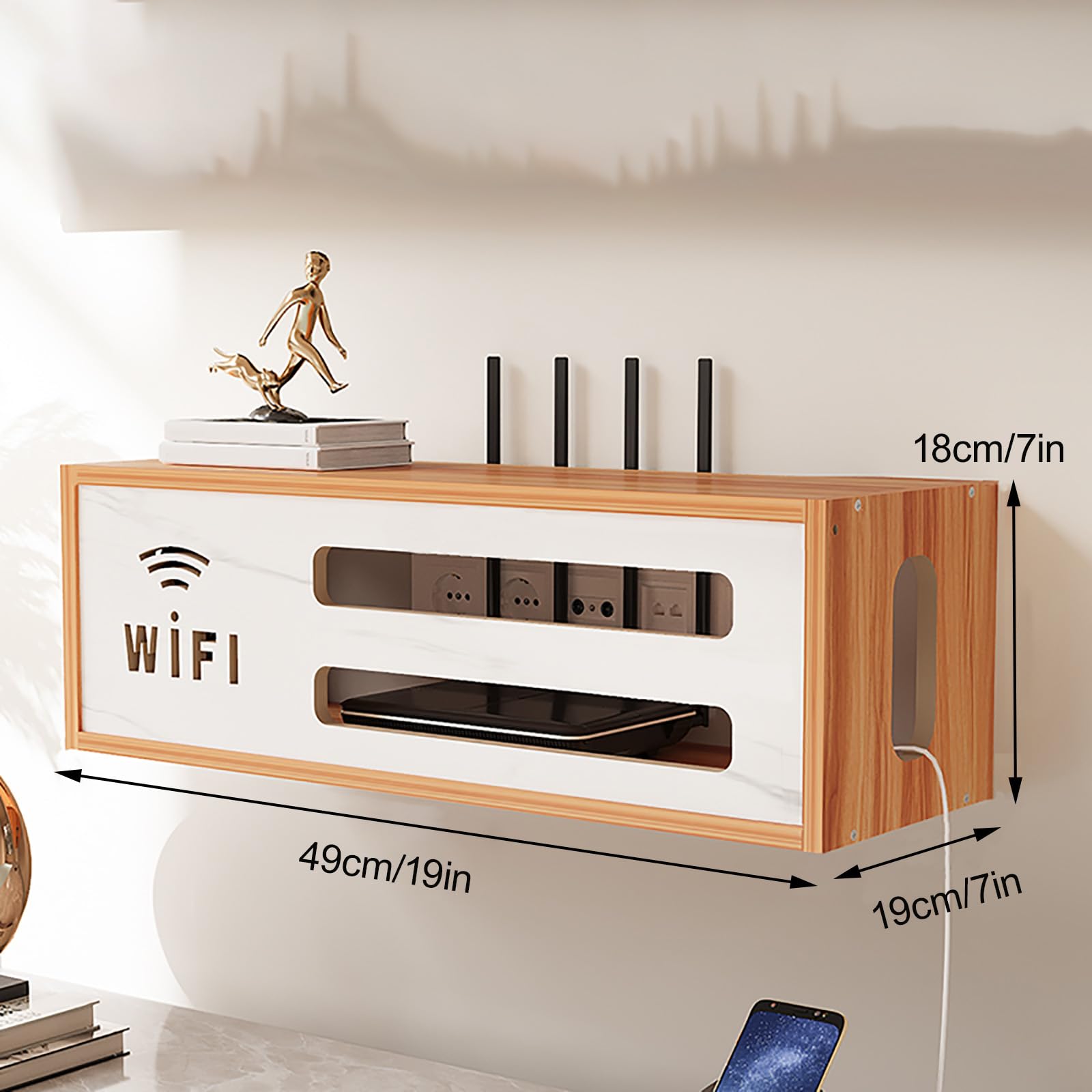 Boîtier de Rangement Mural en Bois pour routeur WiFi, Meuble de Rangement multimédia Grande capacité pour Chambre, Salon, Bureau et Maison