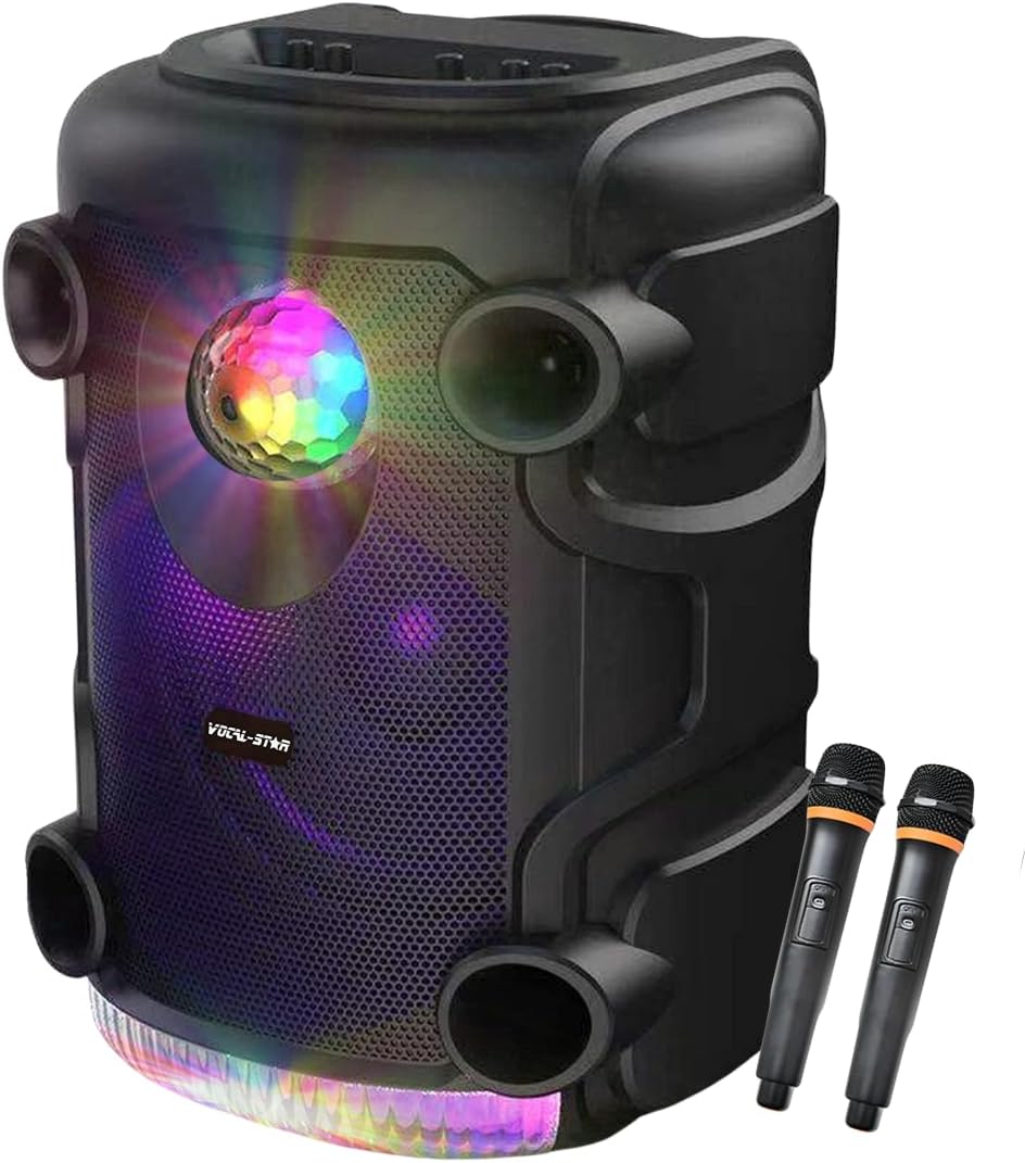 Vocal-Star Portable Disco Party PA Speaker System with Bluetooth, Bass & Treble,Led Light Effect, USB & Aux Input for MP3, 12" 300w & 2 Wireless Microphones (VS-DSPA)