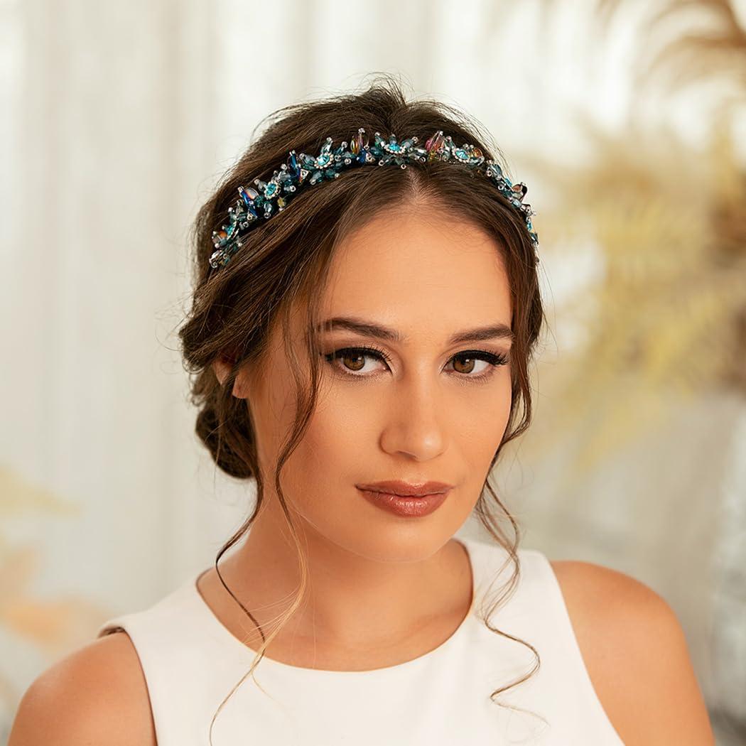 Formery Blue Rhinestone Headband Bling Crystal Hairband Party Prom Beaded Flower Headpiece Hair Accessories for Women - Image 9