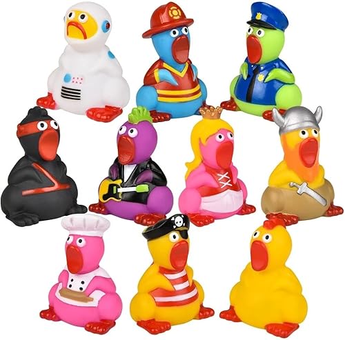 Miniatura 9 de Surtido de pollo gritando de goma de 2 pulgadas (paquete de 10) vestido en todas las diferentes ocupaciones ninja, estrella de rock, princesa,