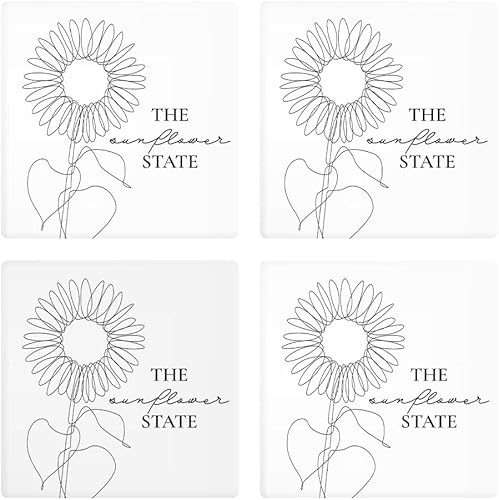 Minimalista B&W Kansas Sunflower Line Drawing, Joyride Home Decor 4 posavasos de cerámica, posavasos cuadrados de 4 pulgadas, juego de 4, parte
