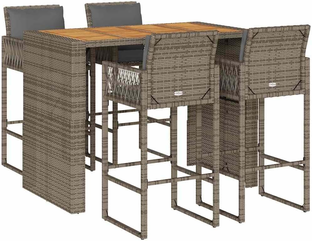 Grey PE Rattan 5-Piece Garden Bar Set, 57x31x43, Powder-Coated Steel Frame, Acacia Wood Tabletop, 4 Cushioned Bar Chairs, Weather-Resistant for Patio, Balcony