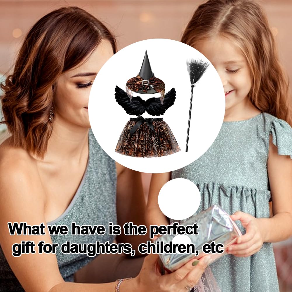 Witch Costume for Kids 3PCS Halloween TuTu Skirt Suit Costumes Set including Witch Hat and Broom Magic Fancy Dress Cosplay Outfit Accessories for Halloween Carnival Party Dress up Cosplay (Orange) - Image 4