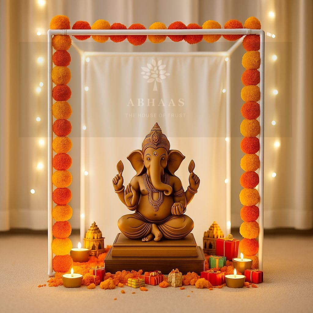 Abhaas 25PCS Decoration Mandap Tent Pandal with 5Pcs Marigold Garlands for Chaturthi Home Decor Cubical Mandap | Chaturthi/Festivals (25Pcs) (Mix (Yellow+Orange), 20Inch Cube) 2