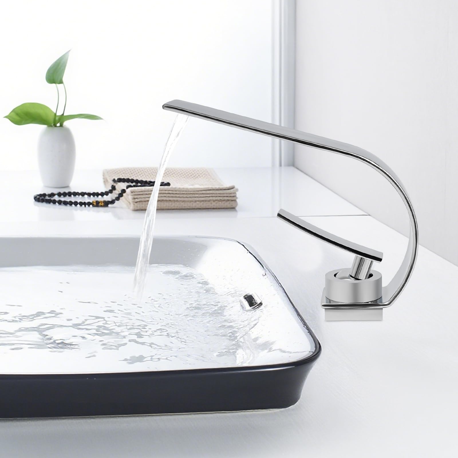 Grifo de baño con cascada, moderno grifo de acero inoxidable, grifo de lavabo con monomando, grifos para agua fría y caliente (plata)