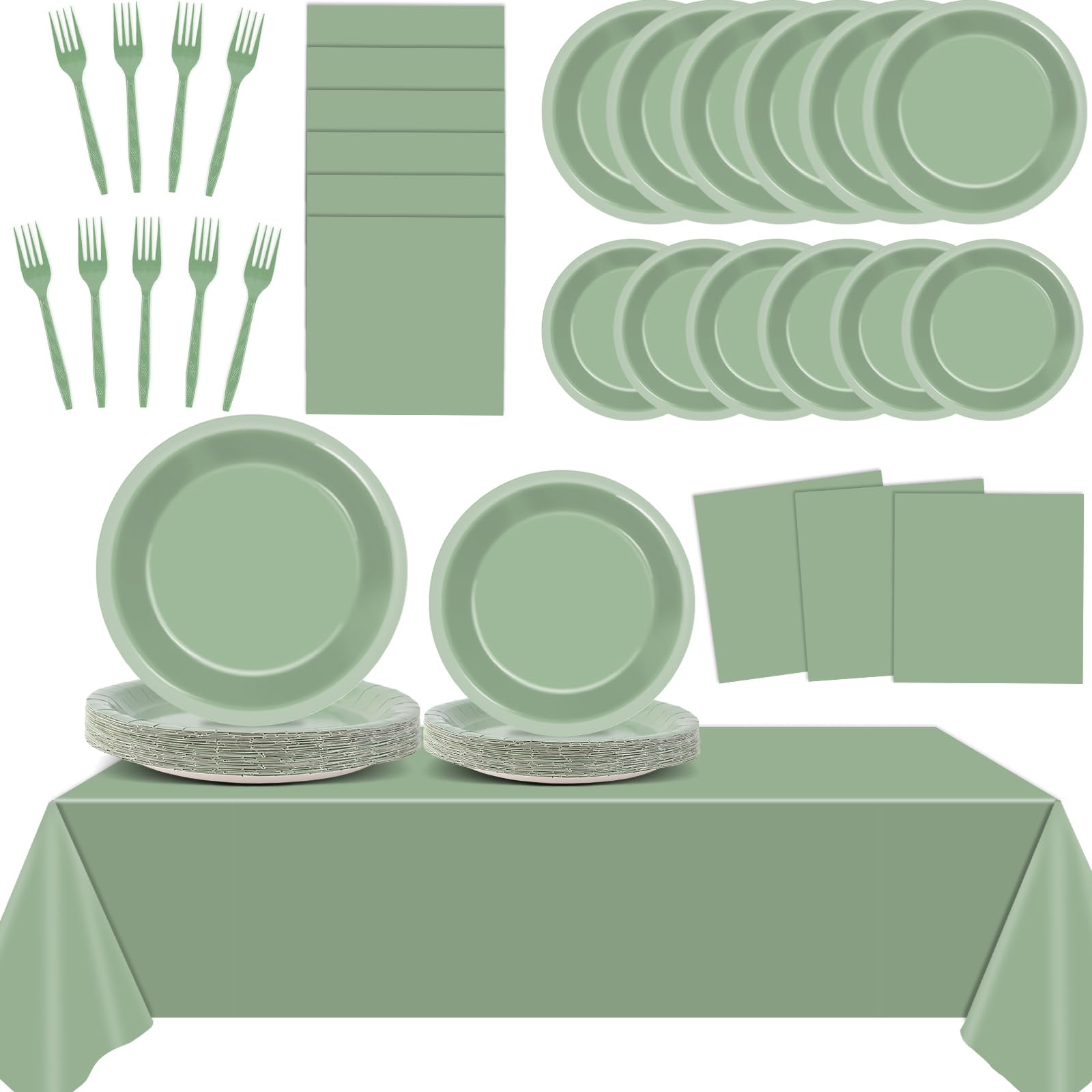 102 Pcs Sage Green Party Supplies Green Disposable Plates and Napkins Party Decorations Sage Green Plastic Tablecloths for Wedding Bridal Shower Baby Shower Birthday Party