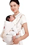 Bebamour Knit Baby Carrier Newborn to Toddler with Hip Seat Baby Carrier Front and Back Carry Carrier with Head Hood & 3 Pieces Teething Pads (White)