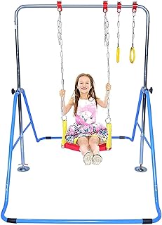 GymPros Kids Jungle Gymnastics 4 in 1 Monkey Bars, Swing Seat, 2 Trapeze Rings, Gymnasts Expandable Junior Training Bar Indoor Foldable Climbing Tower Playground (Blue)
