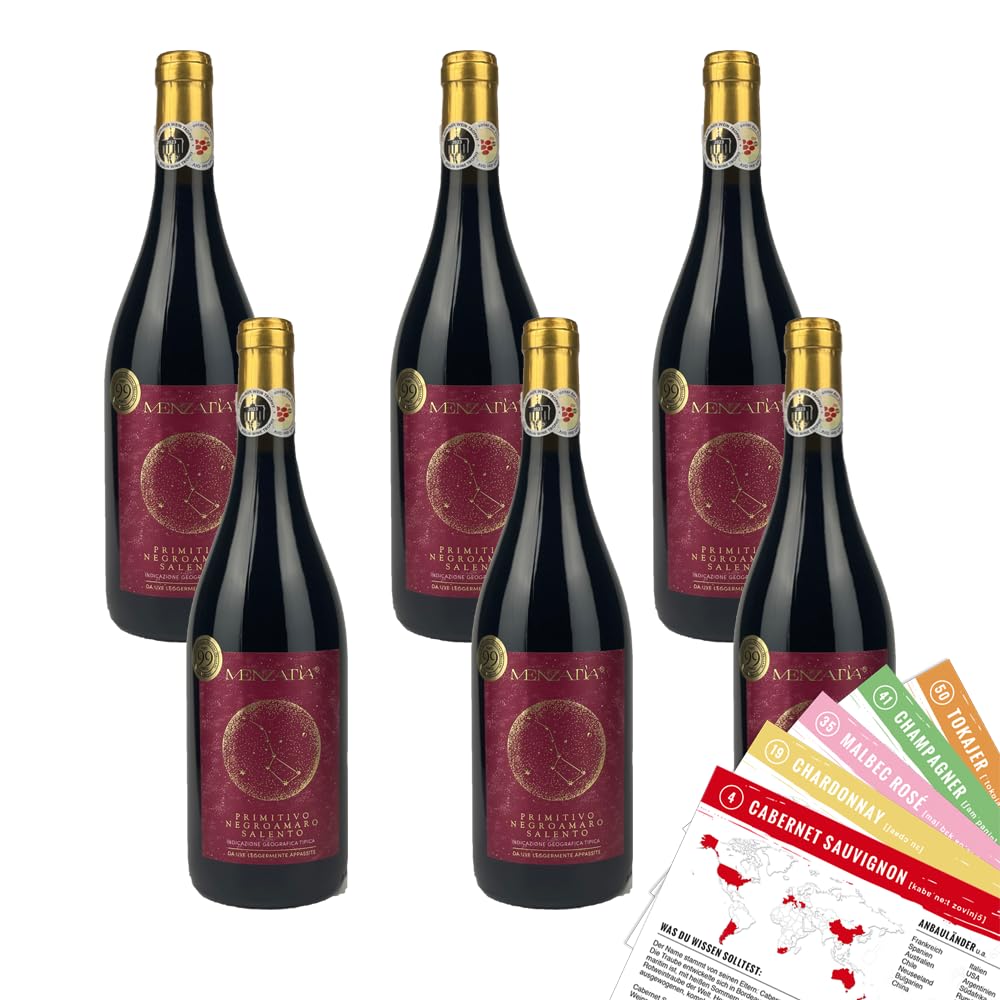 Menzatia Primitivo Negroamaro Salento, trocken, sortenreines Weinpaket + VINOX Winecards (6x0,75l)