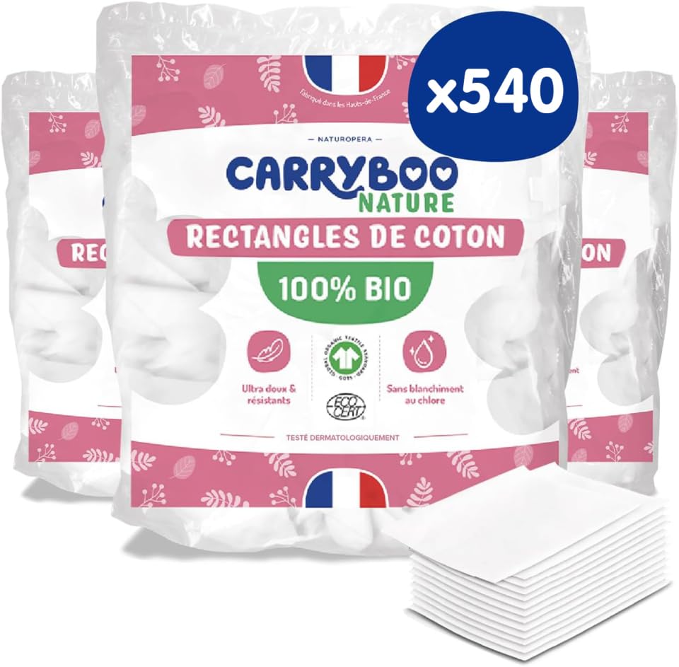 CARRYBOO - 540 Coton Pads Bébé 100% Bio - Ultra Doux pour Peaux Sensibles - Hypoallergénique - Change & Toilette - Fabriqués en France