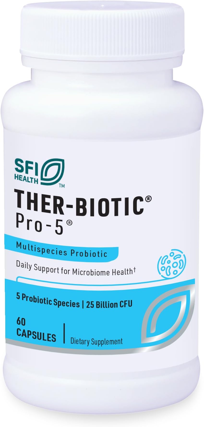 Klaire Labs SFI Health Pro-5 Probiotic - 25 Billion CFU High Dose Multispecies Gut Recolonization Support for Men & Women, Hypoallergenic & Dairy-Free (60 Capsules)