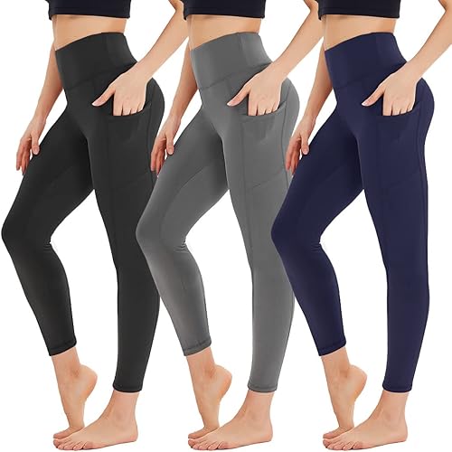 Miniatura 5 de HIGHDAYS Paquete de 3 leggings capri para mujer con bolsillos, pantalones de cintura alta para entrenamiento, correr, yoga