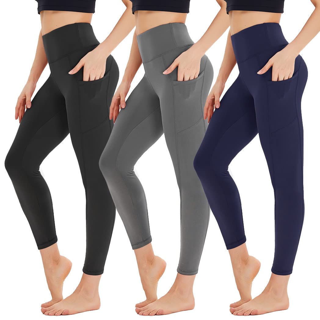 HIGHDAYS Legginsy dla kobiet - legginsy treningowe z wysokim stanem, nieprzezroczyste, cienkie, miękkie spodnie do jazdy na rowerze, jogi, biegania, Czarny/szary/granatowy, L