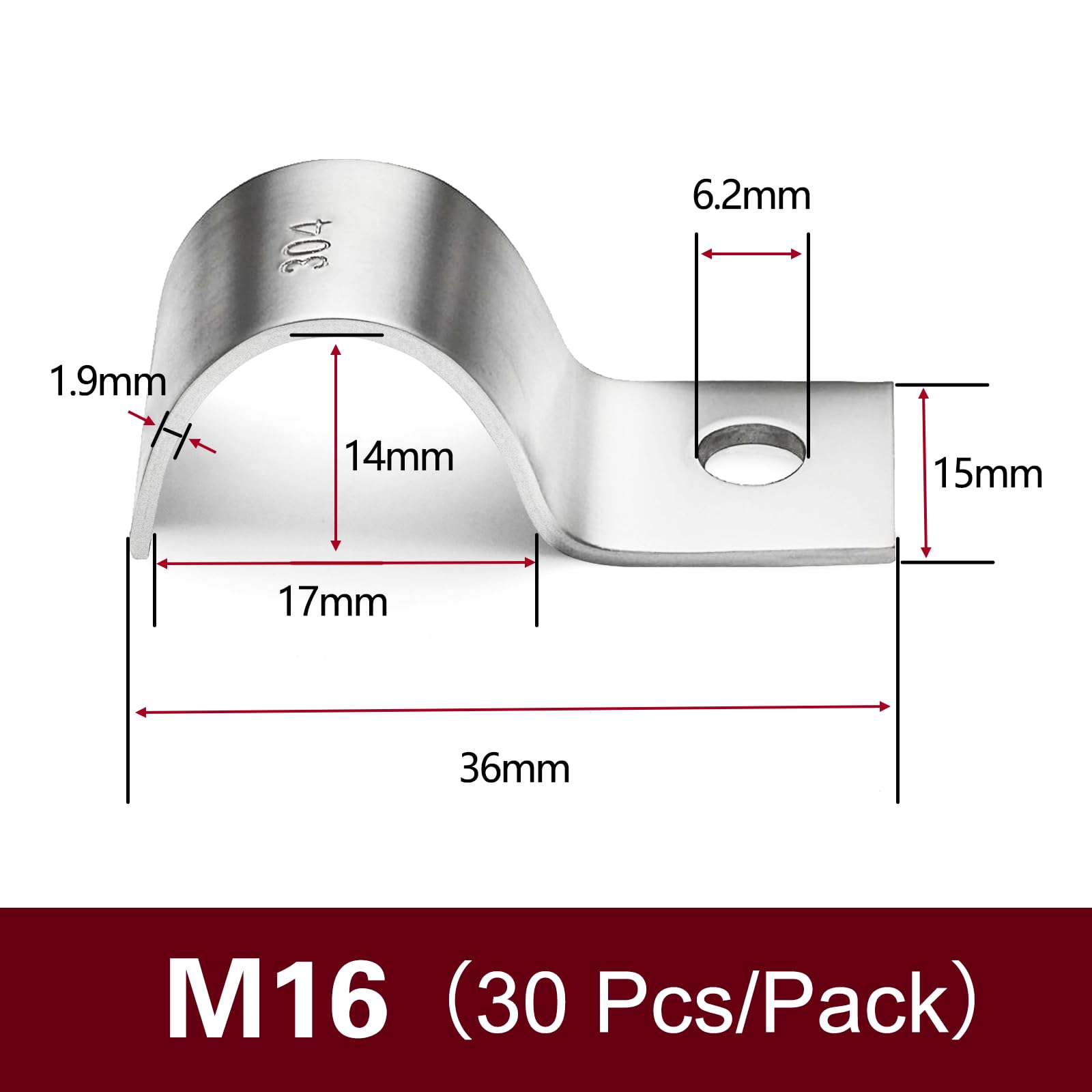 Ezitruz 30 Pcs 16mm Pipe Clips, 304 Edelstahl 1 Hole Pipe Strap Clamps, Metal Cable Clips, Silver, 16MM-30pcs - Image 2