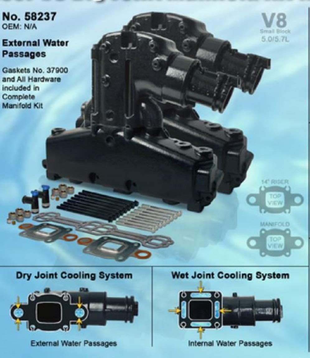 GLM Marine Dry Joint 14 Degree Exhaust Manifold kit compatible with 2005- UP 305 5.0L & 350 5.7L Mercruiser V-8