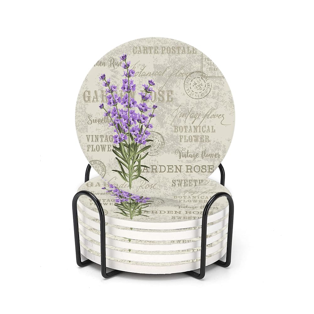 6 Pcs Drink Coasters with Holder, Vintage Lavender Flowers Plant Absorbent Round Ceramic Coaster for Tabletop Protection, Home Decor Coasters for Coffee Cup Beverage Wine Beer Bar