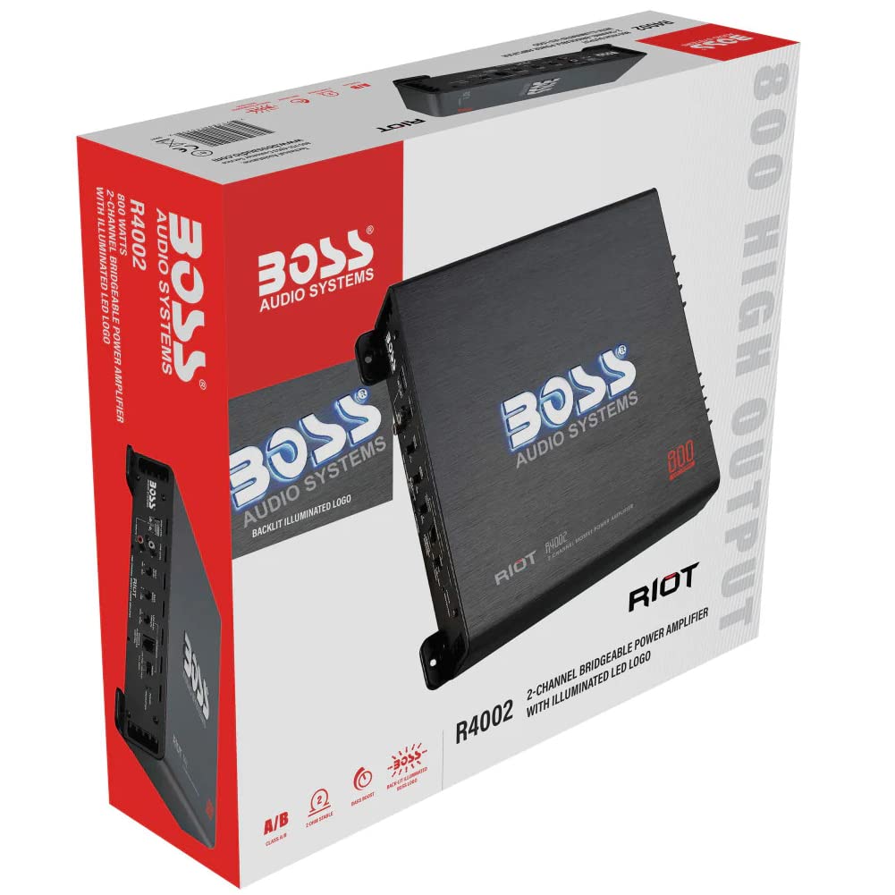 KIT SET POUR BOSS AUDIO SYSTEMS RIOT R4002 Amplificateur 2 canaux 800 watts max classe a/b avec éclairage LED Bass Boost, 1 pièce + remote incluse