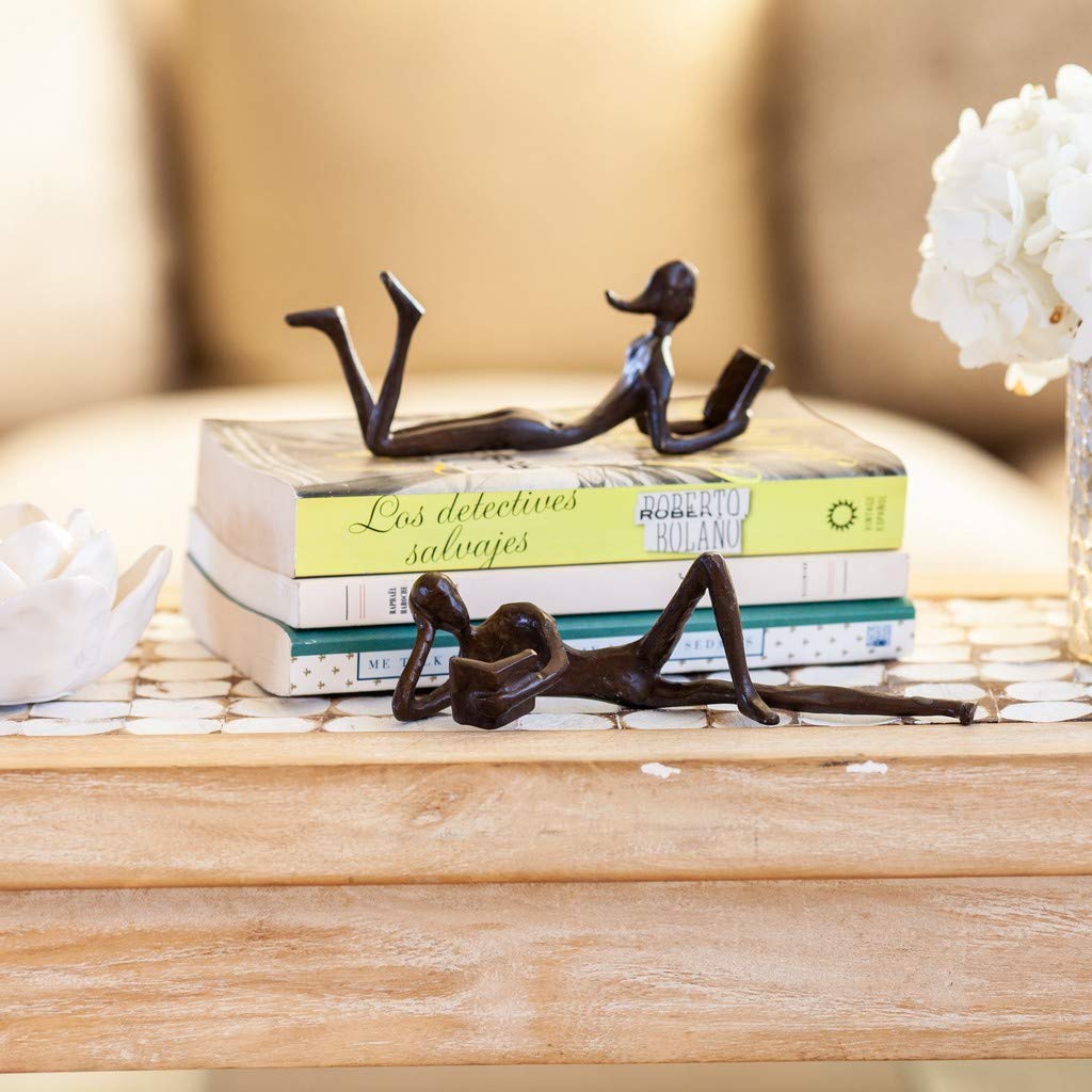 Danya B. ZD17346 Man and Woman Leisurely Reading a Book Bronze Sculptures – Metal Shelf Décor (2 Piece Set)