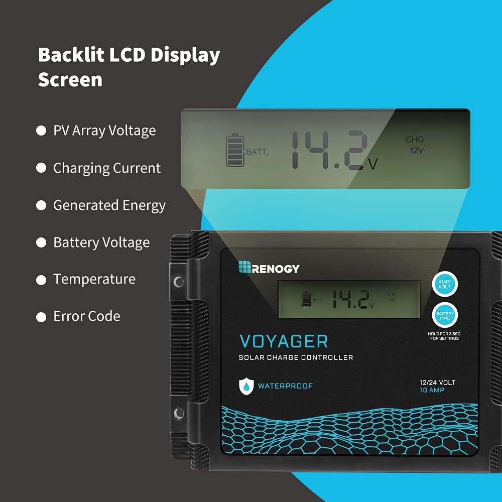 Renogy Voyager 20A 12V/24V PWM Waterproof Solar Charge Controller w/LCD Display for AGM, Gel, Flooded and Lithium Battery, Used in RVs, Trailers, Boats, Yachts, Voyager 20A : Everything Else