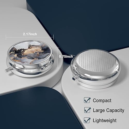 Miniatura 2 de Pastillero redondo pequeño, pastillero portátil de viaje para bolsillo y bolso, organizador de píldoras de metal de 3 compartimentos, lindo