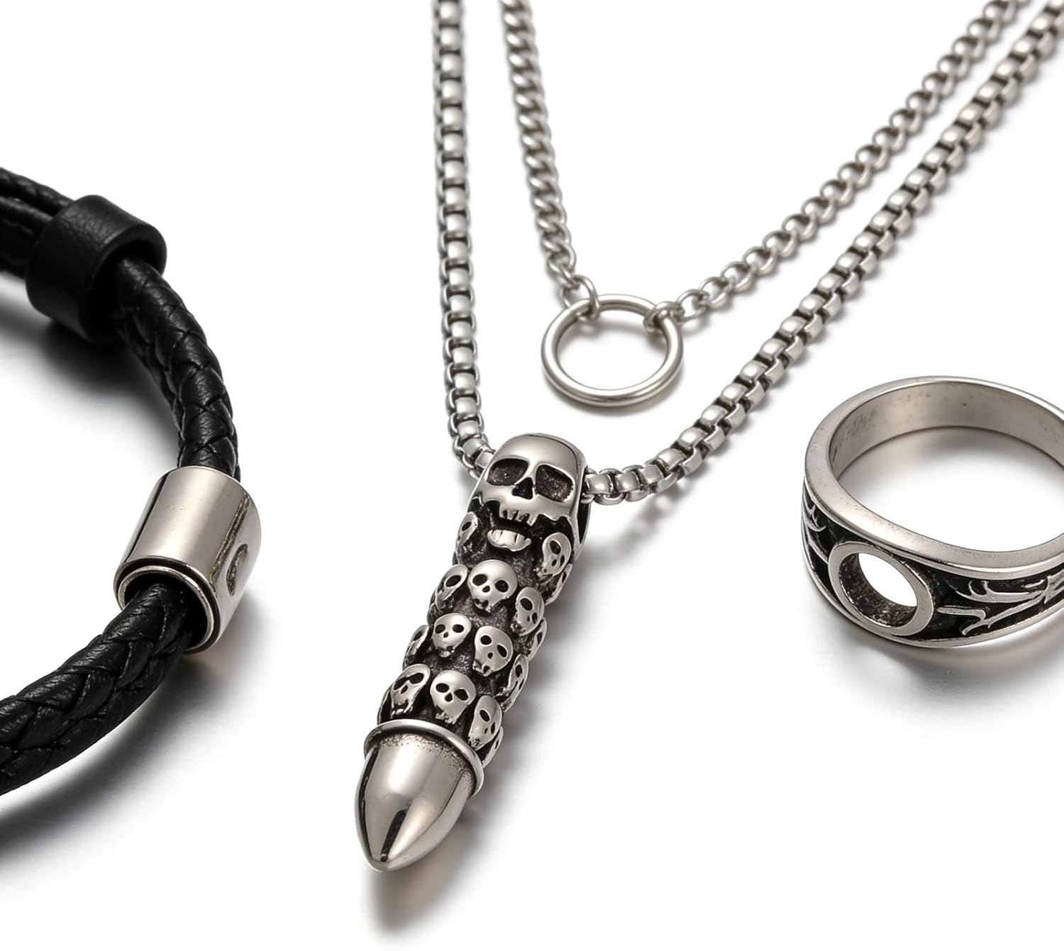 Men's Gothic Punk Hip-Hop Rock Skull Cylindrical Bullet Pendant Necklace, 316L Stainless Steel Material, Silver Stainless Steel Square Pearl Chain, Vintage Halloween Jewelry - Image 5