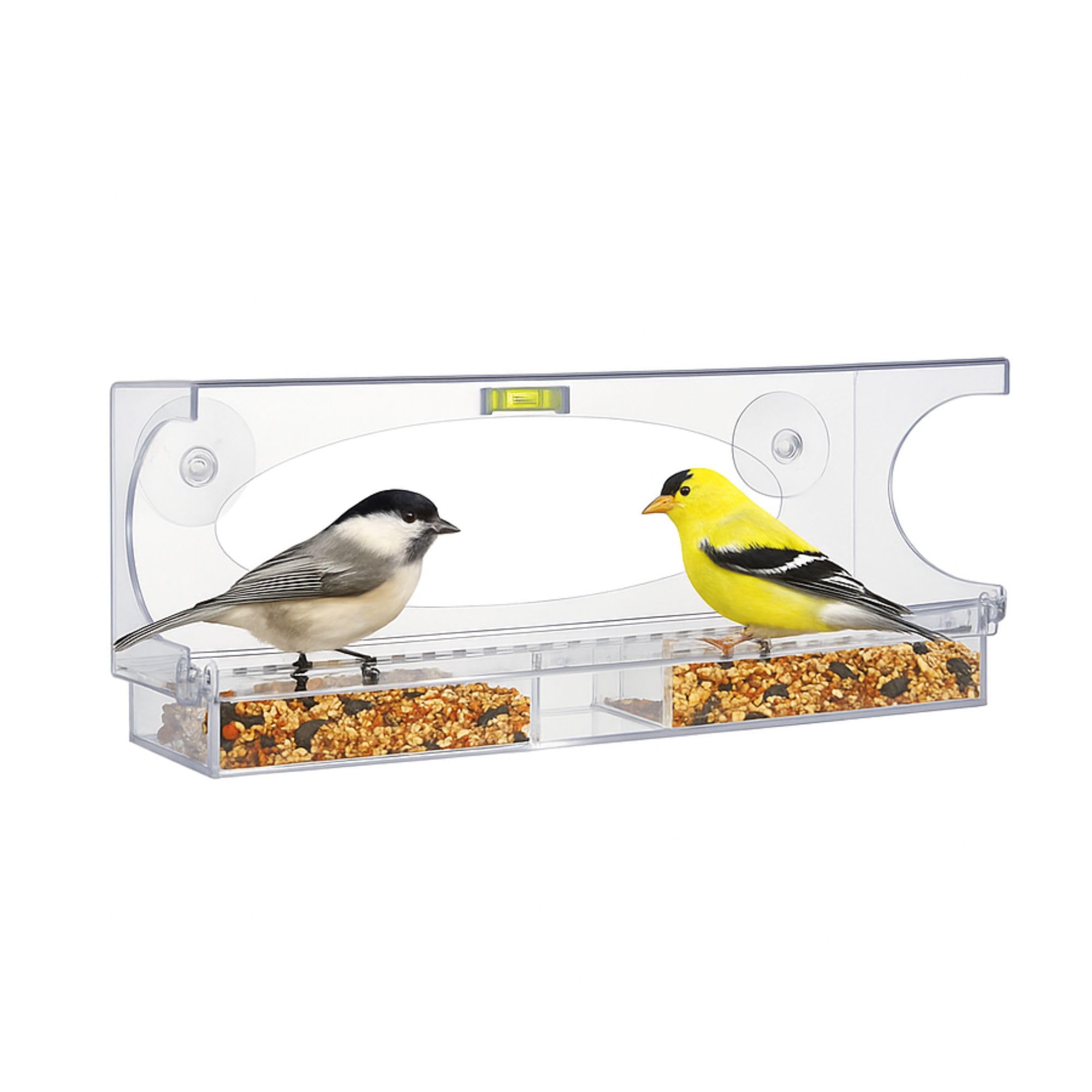 North States Nature's Yard - Comedero para pájaros con ventana grande y transparente, fácil de llenar y limpiar. 2 ventosas, bandeja deslizante e indicador de nivel incluidos. Capacidad de semillas de