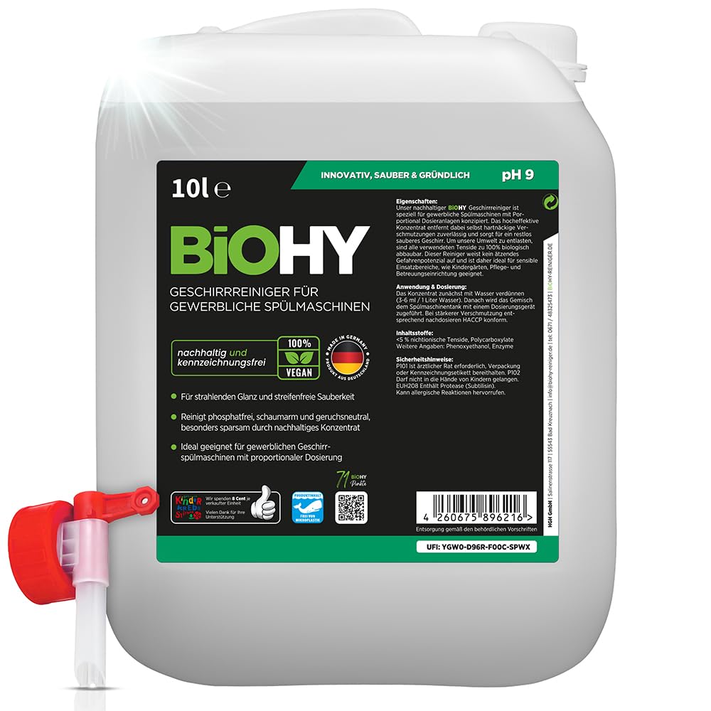 BiOHY Detergente para lavavajillas comercial (Bidón de 10 litros) + Grifo de Salida | Fórmula para disolver el las grasas | Apto para gastronomía, industria y hogares (Geschirrreiniger)
