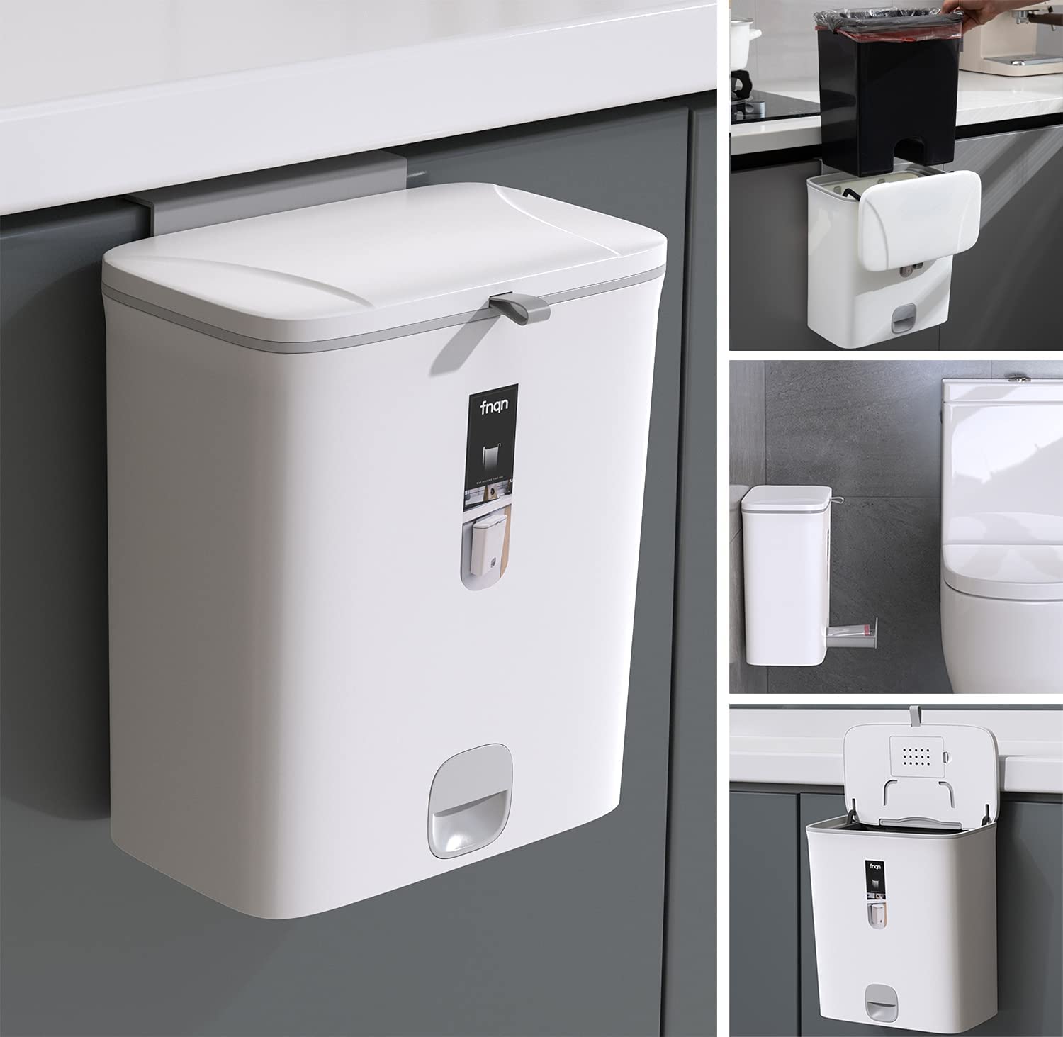 Trash Can Kitchen Bathroom Trash Can with Lid, 2.4 Gallon Small Trash Can Hanging or Standing Plastic Compost Bin for Cupboard/Bedroom/Office/Camping Waste Basket (White)