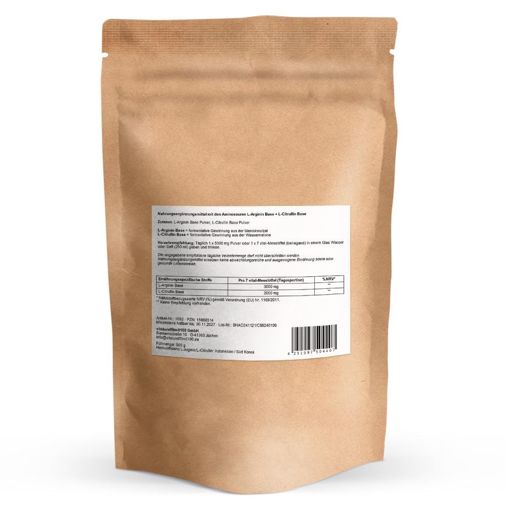 L-Arginin Base (300 g) + L-Citrullin Base (kein Malat!) (200 g) Pulver - Aminosäuren-Kombination 500 g - Fermentationsgewinnung - Premiumqualität - vegan - ohne Hilfs- u. Zusatzstoffe