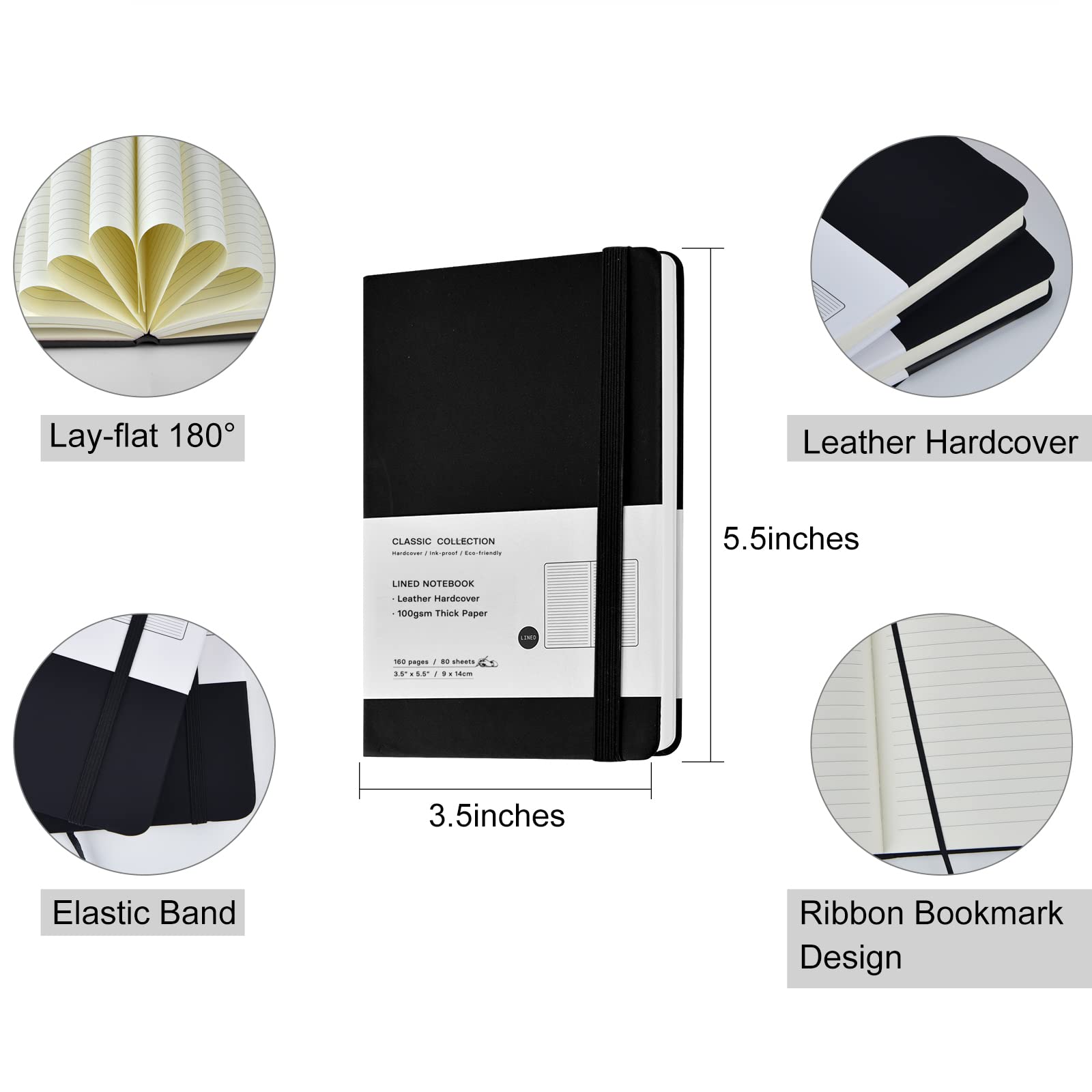 Coopay Confezione da 12 quaderni tascabili per diario piccolo blocco note con copertina rigida in similpelle per ufficio, casa, scuola, azienda, 3,5 x 14 cm, carta spessa 100 GSM, 160 pagine (nero)