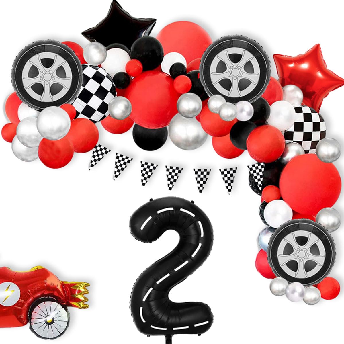 Race Car Birthday Balloons Decorations, 40 Inch Racetrack Black Number 2 Balloon, Large Mylar Black 2 Balloon for 2st Birthday Race Car Theme Party Decor Supplies 7 Pcs