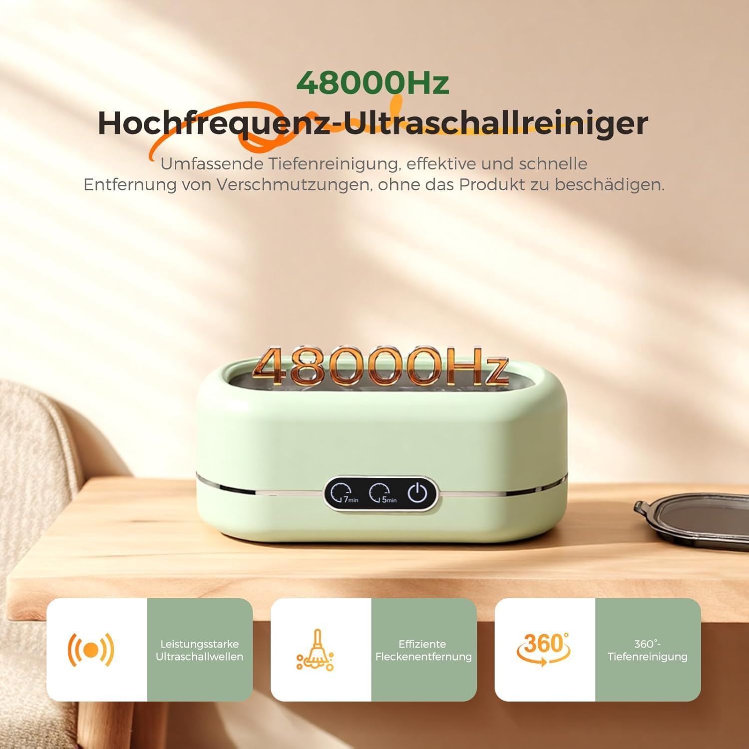 Limpiador ultrasónico de 48 KHz, limpiador ultrasónico de gafas, limpiador ultrasónico de 350 ml, equipado con 2 modos, adecuado para joyas, gafas, relojes, anillos (Azul) (Verde)