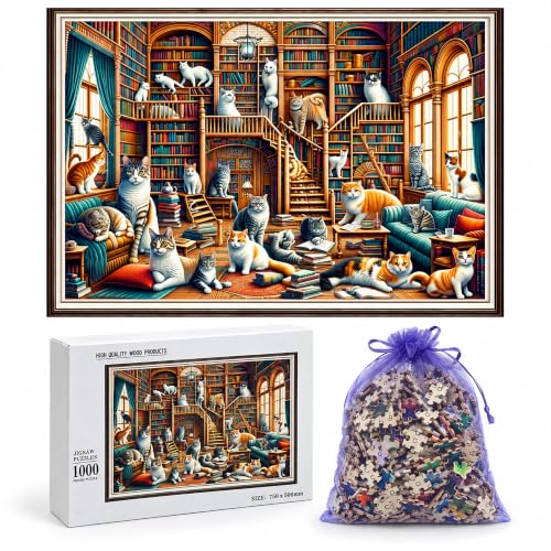 QEENQEEU Library Cats Wooden Jigsaw Puzzle, 1000 Pieces for Adults