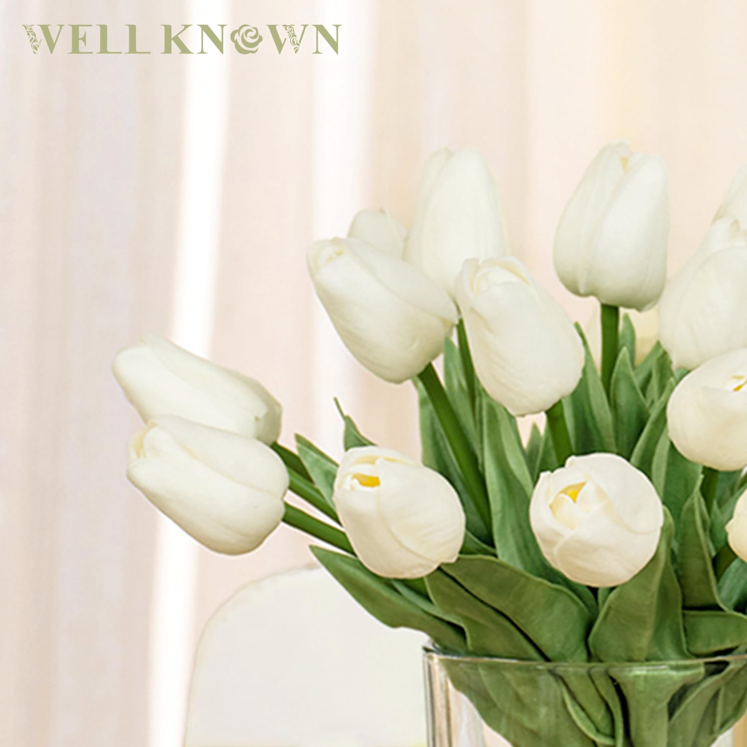 WELL KNOWN 20 Stück weiße Tulpen künstliche Blumen in Vase mit künstlichem Wasser, künstliche Tulpen fühlen sich echt an, Blumenarrangements, künstliche Tafelaufsatz für Esszimmertisch