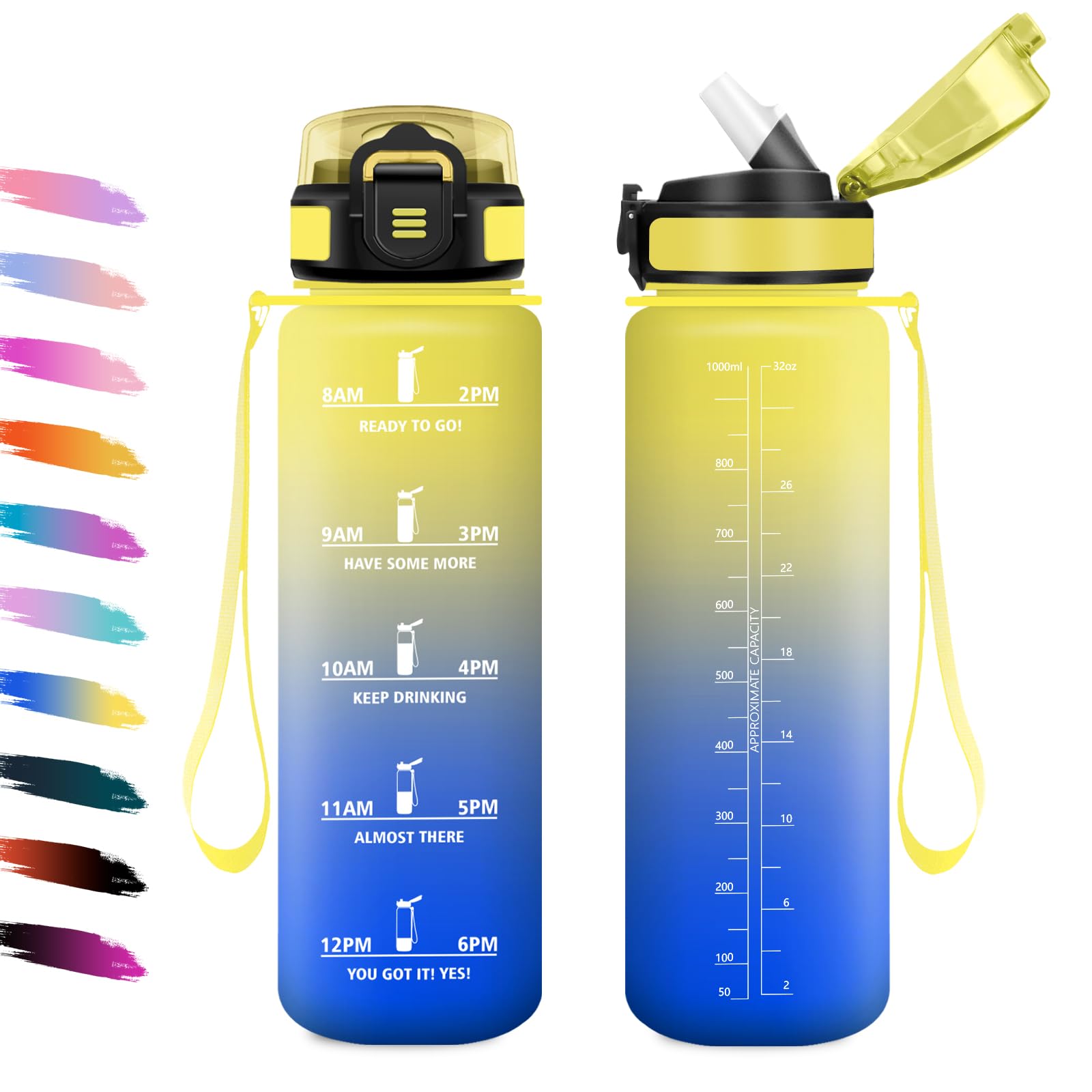 Borraccia 1L, Bottiglia Sportiva con Cannuccia, a Prova di Perdite, Bottiglia Acqua Sportiva con Indicatore del Tempo, Motivazionale Borraccia per Yoga, Escursionismo, Campeggio, Ciclismo, Lavoro