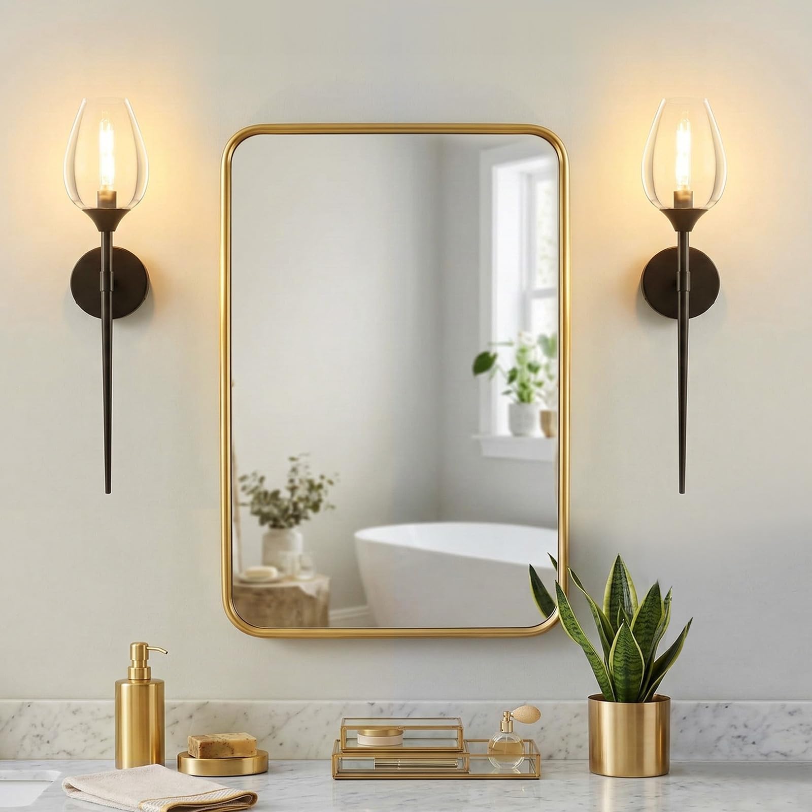 Rosnek 2er Set Wandleuchte Innen Schwarz, 61cm Moderne Glas-Wandlampe in Weinglasform, Inklusive E14 Leuchtmittel, Dekorative Kristall-Optik Wandbeleuchtung für Schlafzimmer, Wohnzimmer & Flur