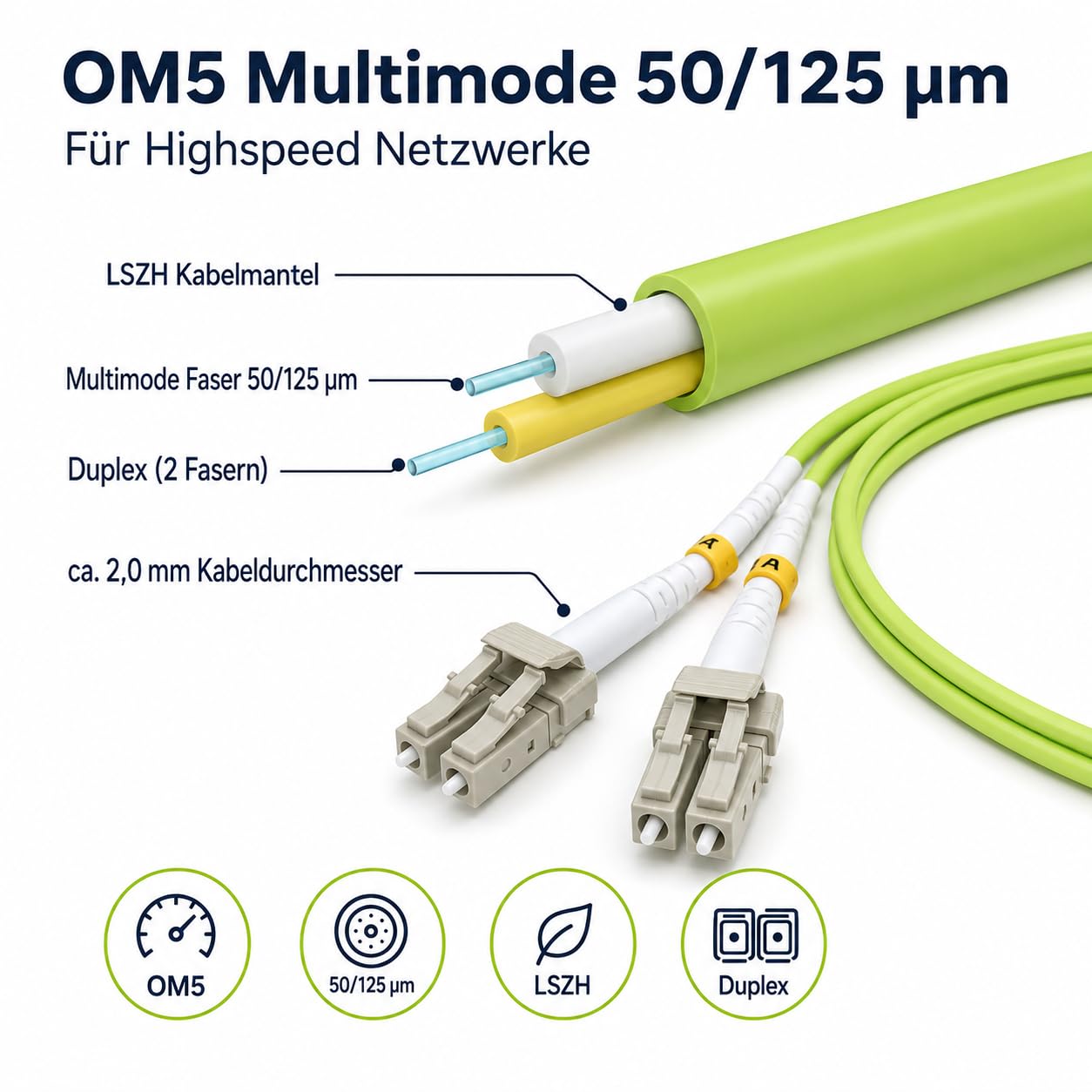 1 câble de brassage duplex 30 m OM5 LWL DX LC/UPC - LC/UPC MM multimode - 50/125 µm LSZH vert citron