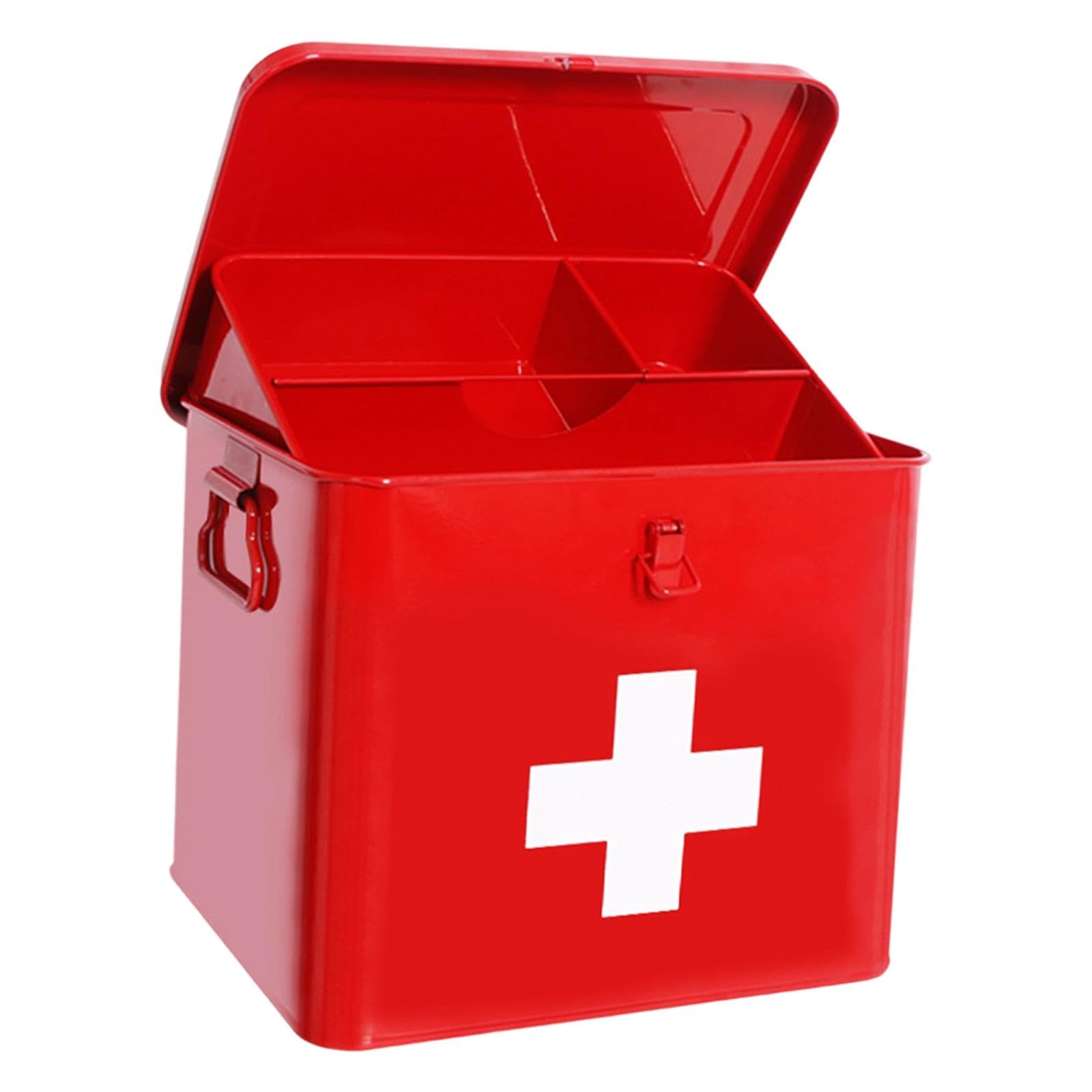Erste Hilfe Aufbewahrungsbox Notfallkasten Metall Hausapotheke mit Herausnehmbarem Tablett Praktischem Tragegriff Und Sicherem Verschluss für Familie, Rot