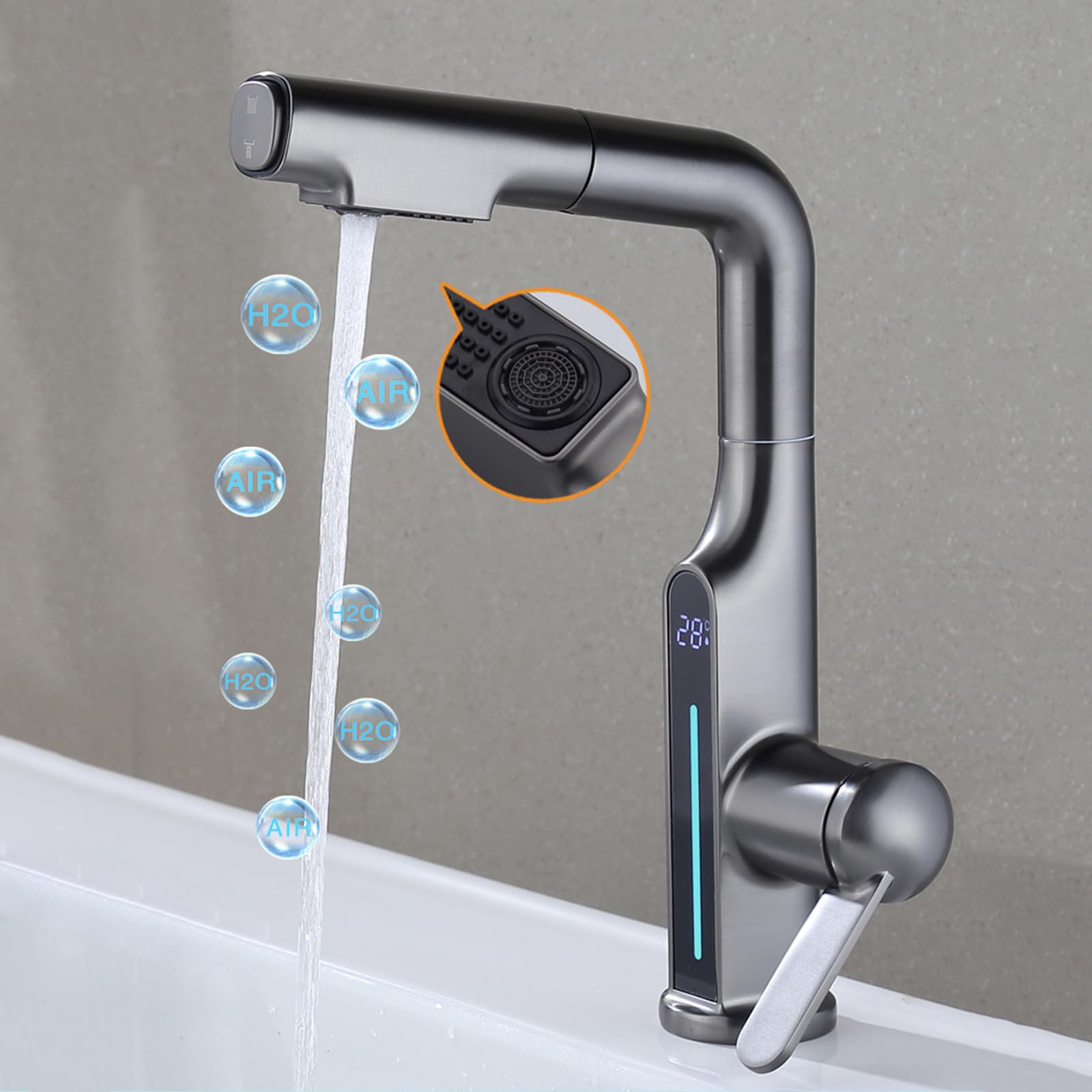 Generico Rubinetto da Bagno Miscelatore Estraibile per Lavabo da Bagno con Getto Cascata Girevole 360° con Display Digitale Acqua Calda E Fredda Colore Grigio Canna di Fucile