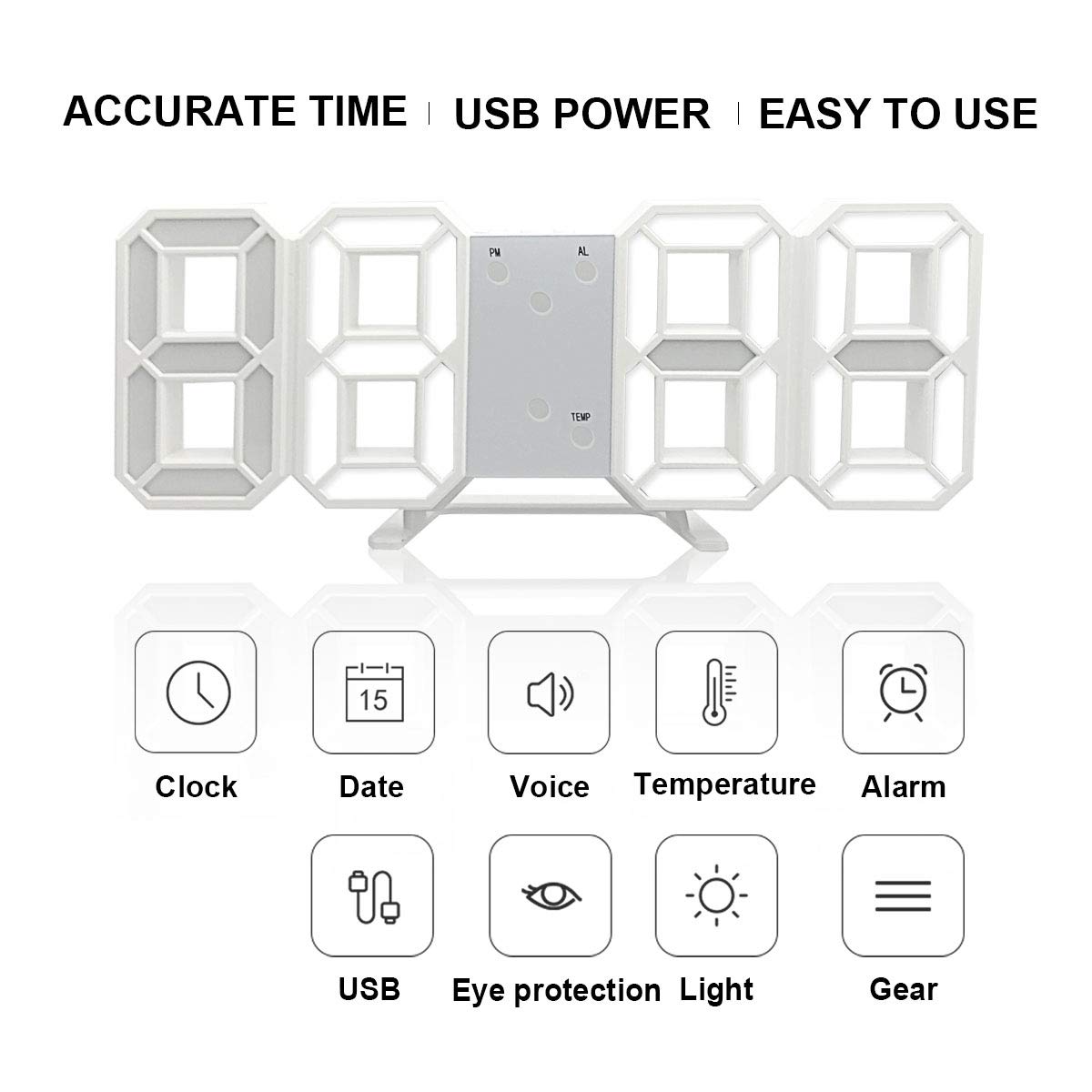 Buy 3D LED Clock Auto Dim at Night 5V DC Power Supply by USB Cable