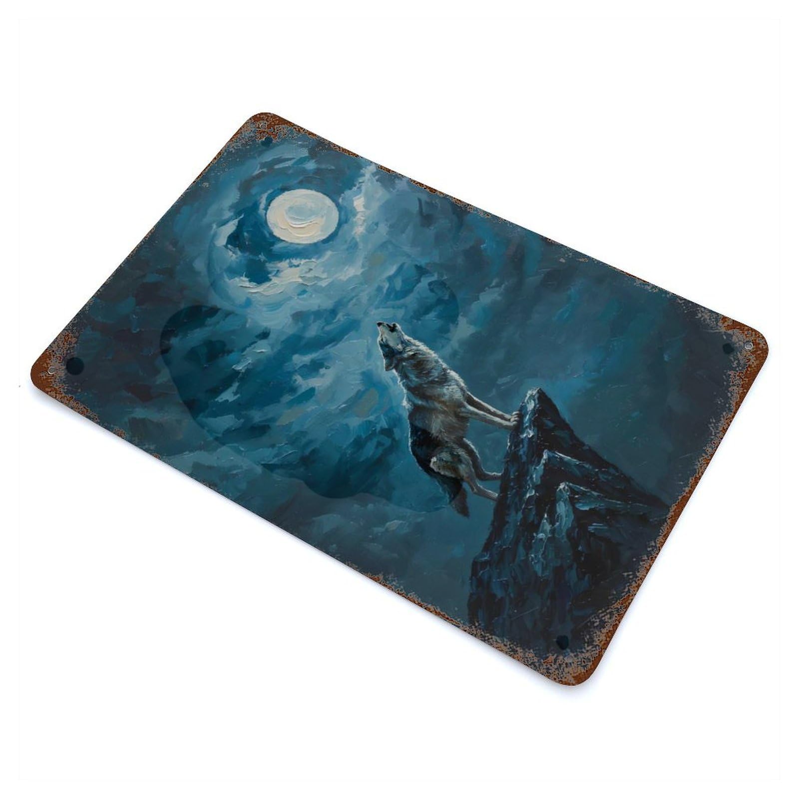 Garage Style Wolf Howling at The Moon Rusty Metal Tin Sign 11.8"x7.9", Farmhouse Wall Decor for Bar And Workshop