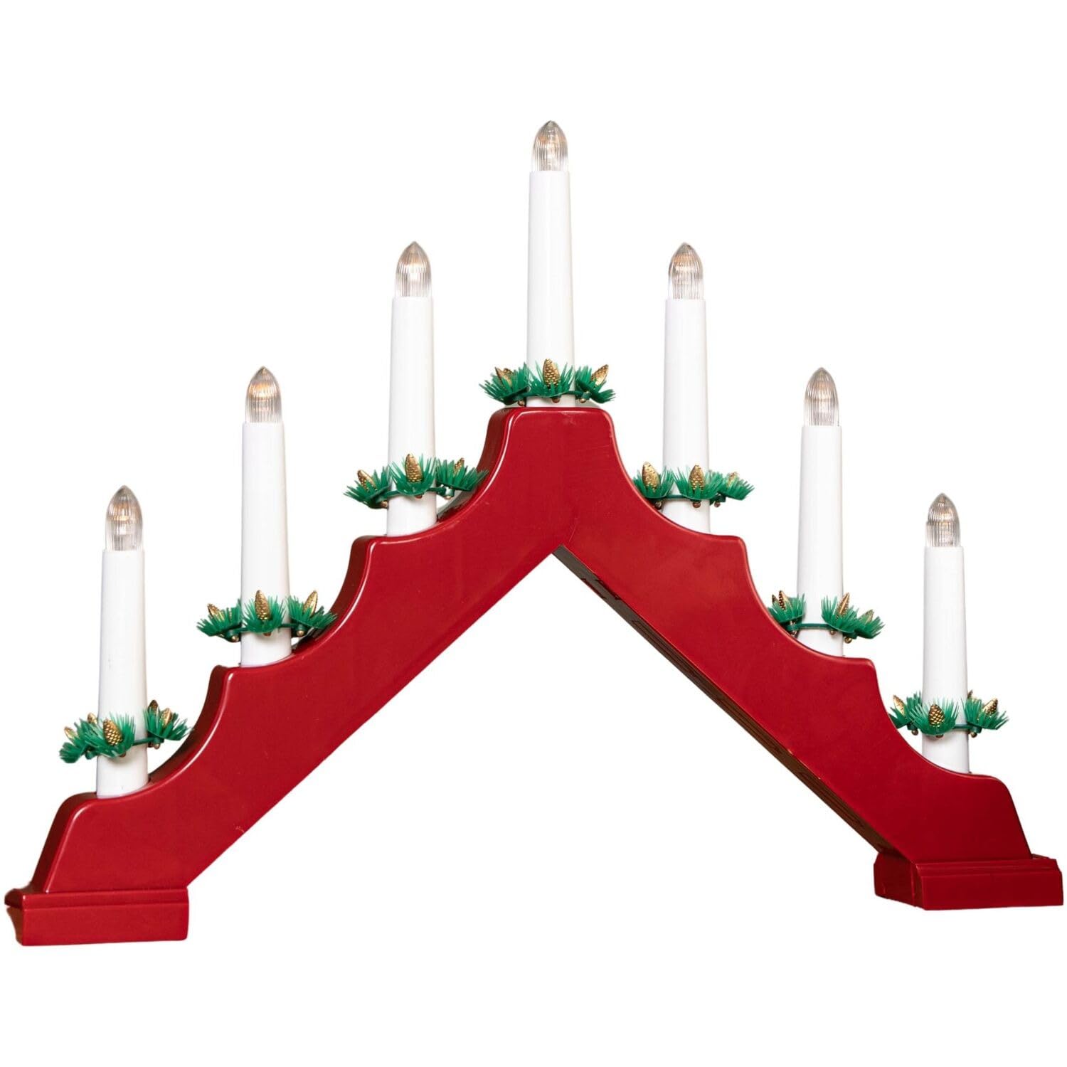 Monal Wooden Christmas Candle Bridge LED Light – 7 Warm White Candles with Timer – Battery Operated Xmas Decoration for Windowsills, Tables & Fireplaces (Red/White/Natural) (Red Candle Bridge Light)