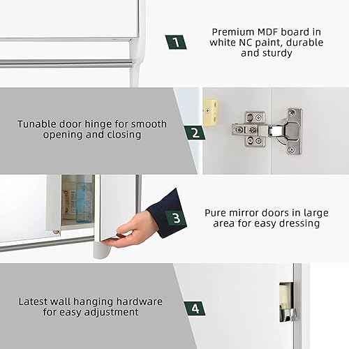 Miniatura 5 de SMOOL Botiquín de baño con 2 puertas de espejo y estante de torre armario de baño montado en la pared sobre el inodoro color blanco